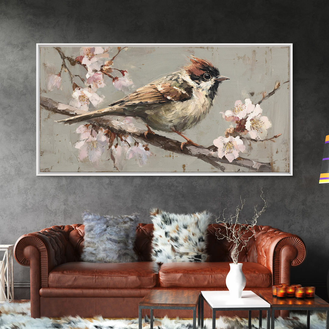 Songbird Perched on Cherry Blossoms Framed Canvas Print, Bird Art, Mid Century Wall Art, Living Room Decor, Fine Art, Flight, BIR-2x1-100