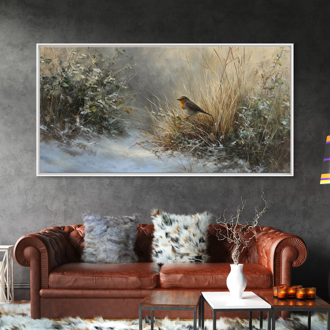 Robin in a Spring Garden with Soft Framed Canvas Print, Bird Art, Gallery Wall, Living Room Decor, Flight, Gallery Decor, BIR-2x1-11