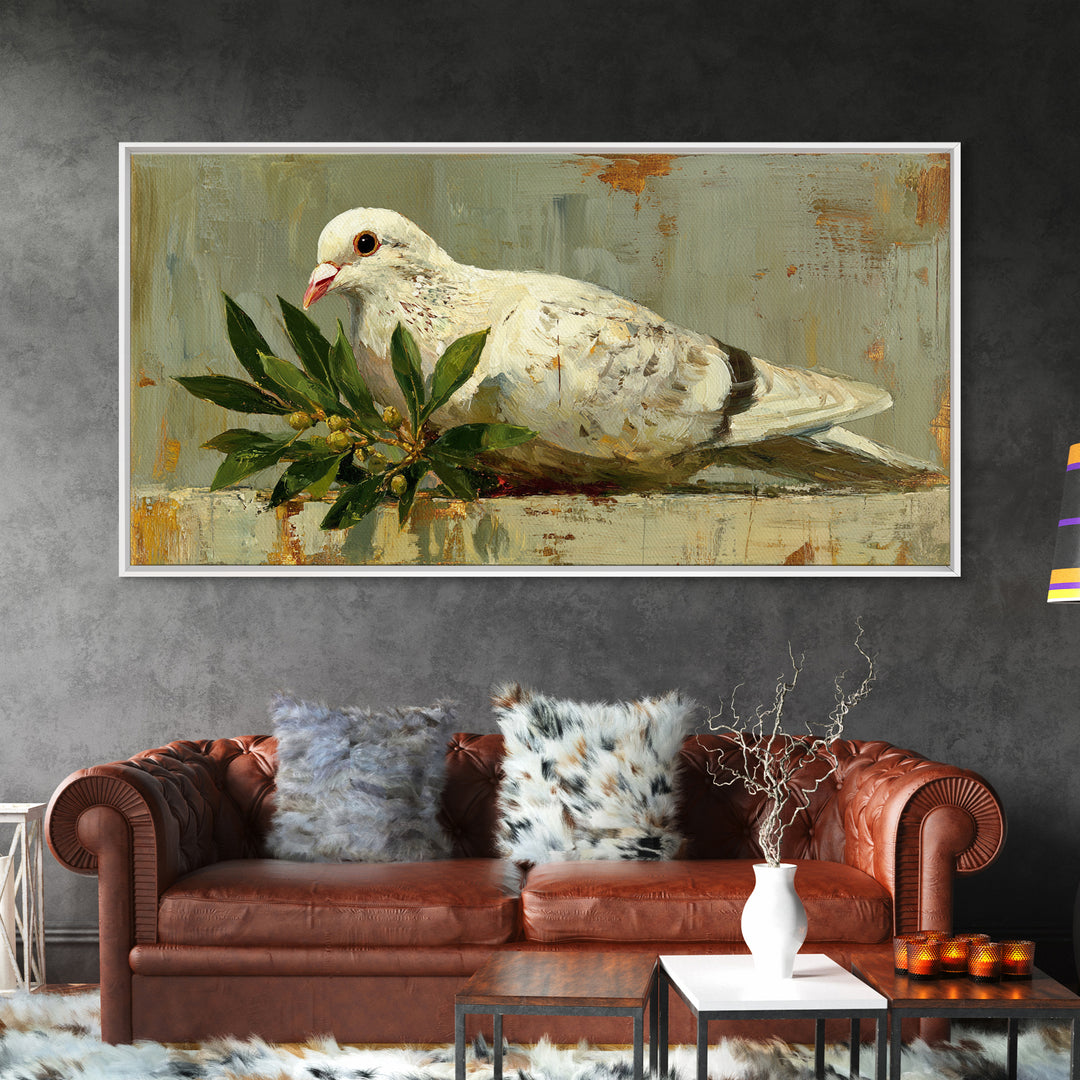 White Dove with Olive Branch and Calm Framed Canvas Print, Bird Art, Art Print, Living Room Decor, Watercolor Art, Flight, BIR-2x1-12