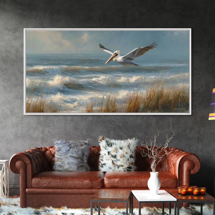 Pelican Flying over Coastal Waves Framed Canvas Print, Bird Art, Fine Art Print, Living Room Decor, Watercolor Art, Flight, BIR-2x1-14