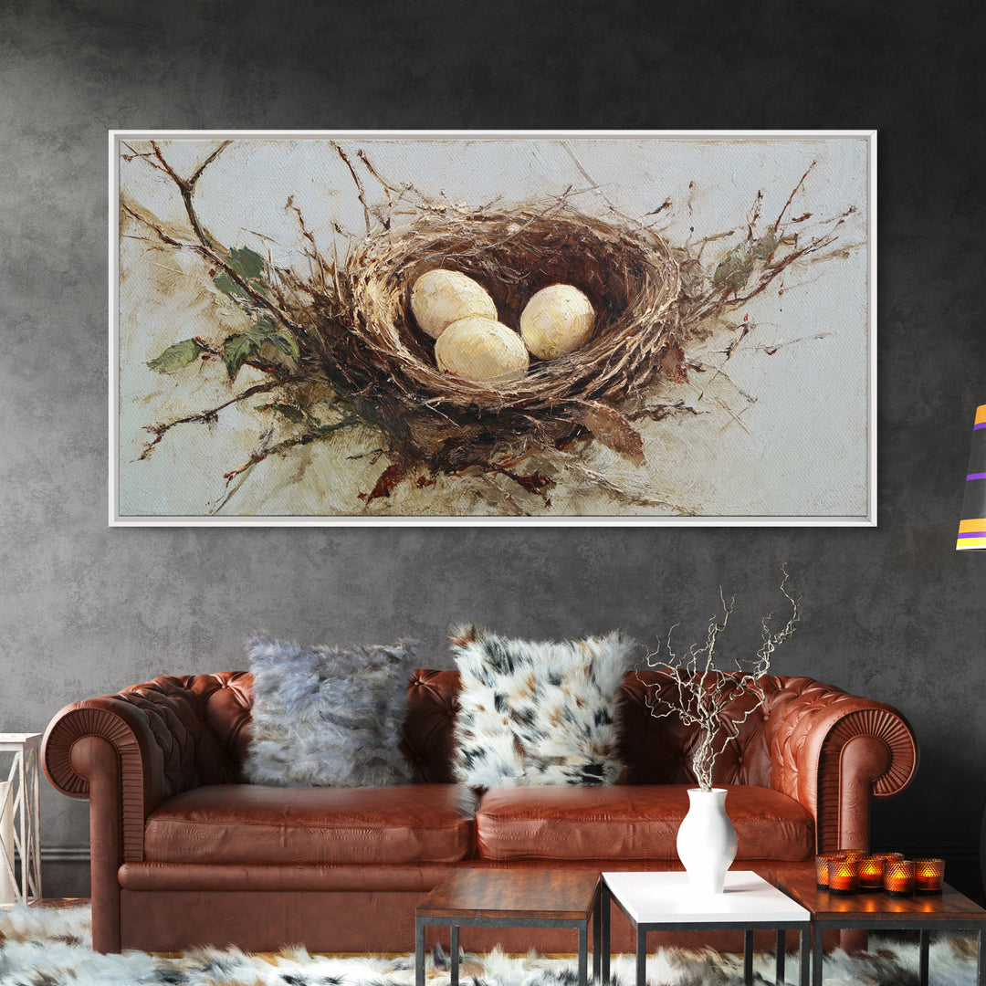 Bird Nest with Eggs and Delicate Twigs Framed Canvas Print, Bird Art, Statement Artwork, Living Room Decor, Fine Art, Flight, BIR-2x1-18