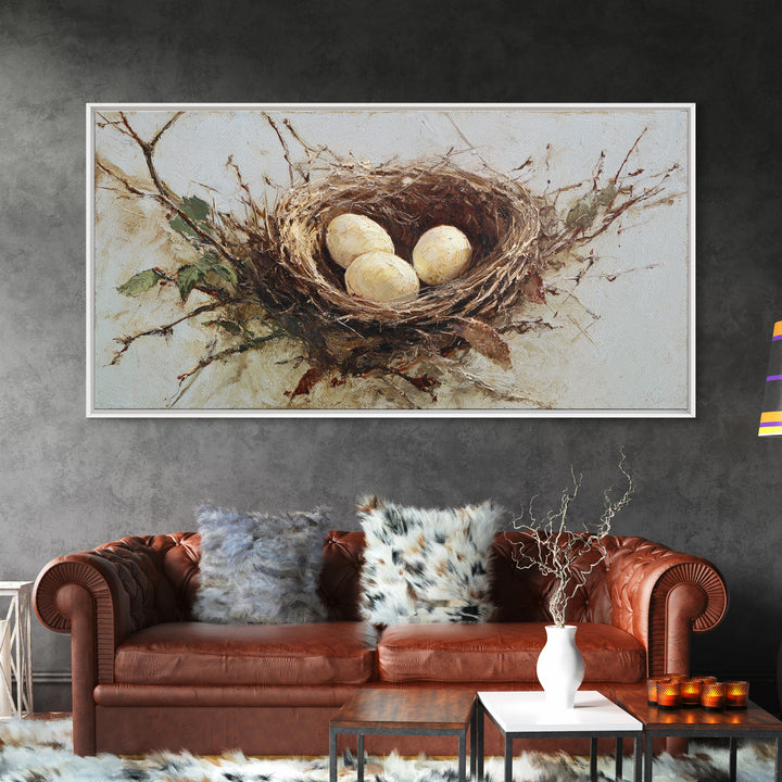 Bird Nest with Eggs and Delicate Twigs Framed Canvas Print, Bird Art, Statement Artwork, Living Room Decor, Fine Art, Flight, BIR-2x1-18