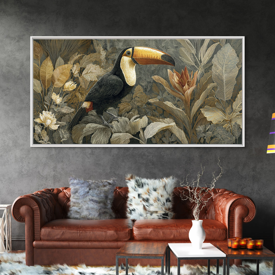 Toucan Framed by Bold Jungle Foliage Framed Canvas Print, Bird Art, Bird Wall Art, Living Room Decor, Fine Art, Flight, BIR-2x1-19