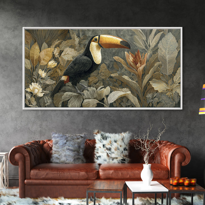 Toucan Framed by Bold Jungle Foliage Framed Canvas Print, Bird Art, Bird Wall Art, Living Room Decor, Fine Art, Flight, BIR-2x1-19
