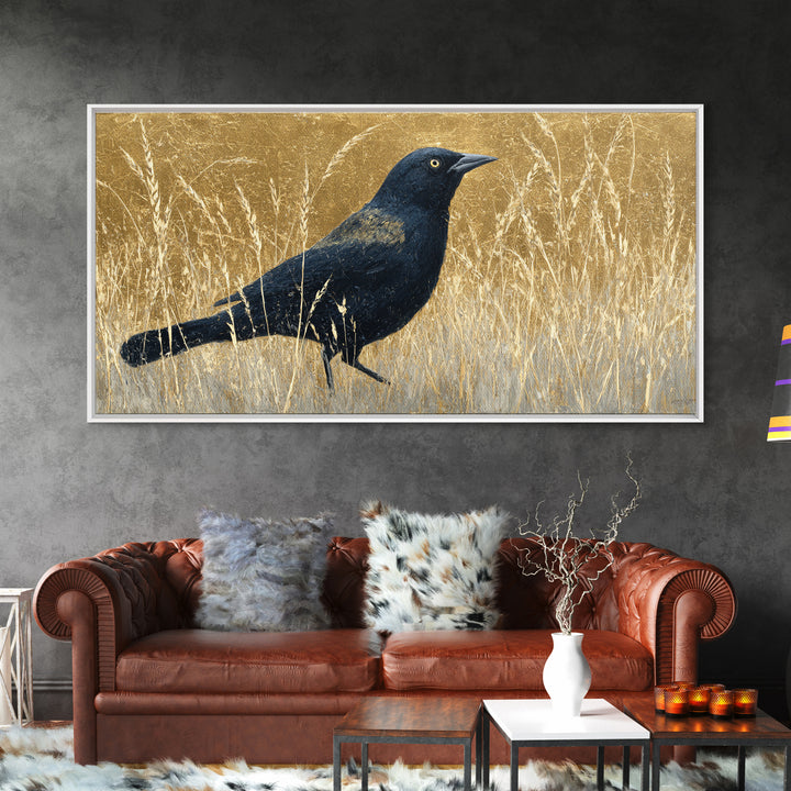 Blackbird on Gold Wheat Field Framed Canvas Print, Bird Art, Statement Artwork, Living Room Decor, Flight, Digital Prints, BIR-2x1-20