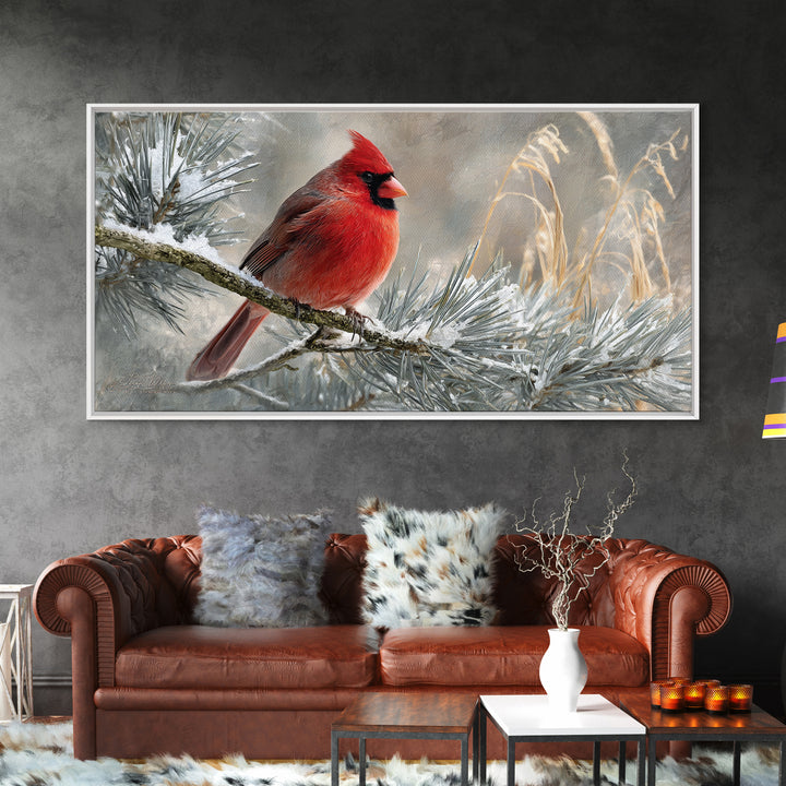 Red Cardinal on Snowy Pine Branch Canvas Print, Bird Art, Wall Art, Living Room Decor, Fine Art, Flight, Japanese Wall Art, BIR-2x1-21
