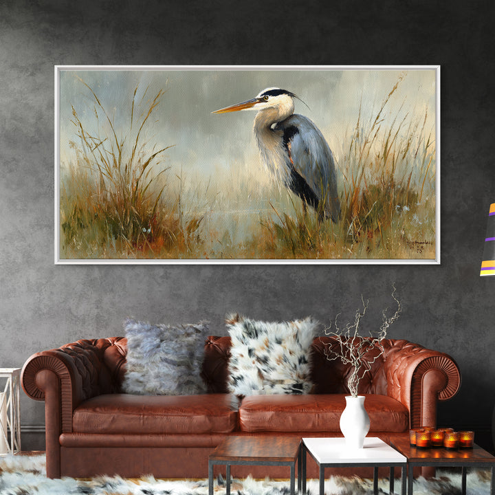 Blue Heron in Misty Marsh Grass Canvas Print, Bird Art, Boho Decor, Living Room Decor, Fine Art, Flight, Printable Wall Art, BIR-2x1-22