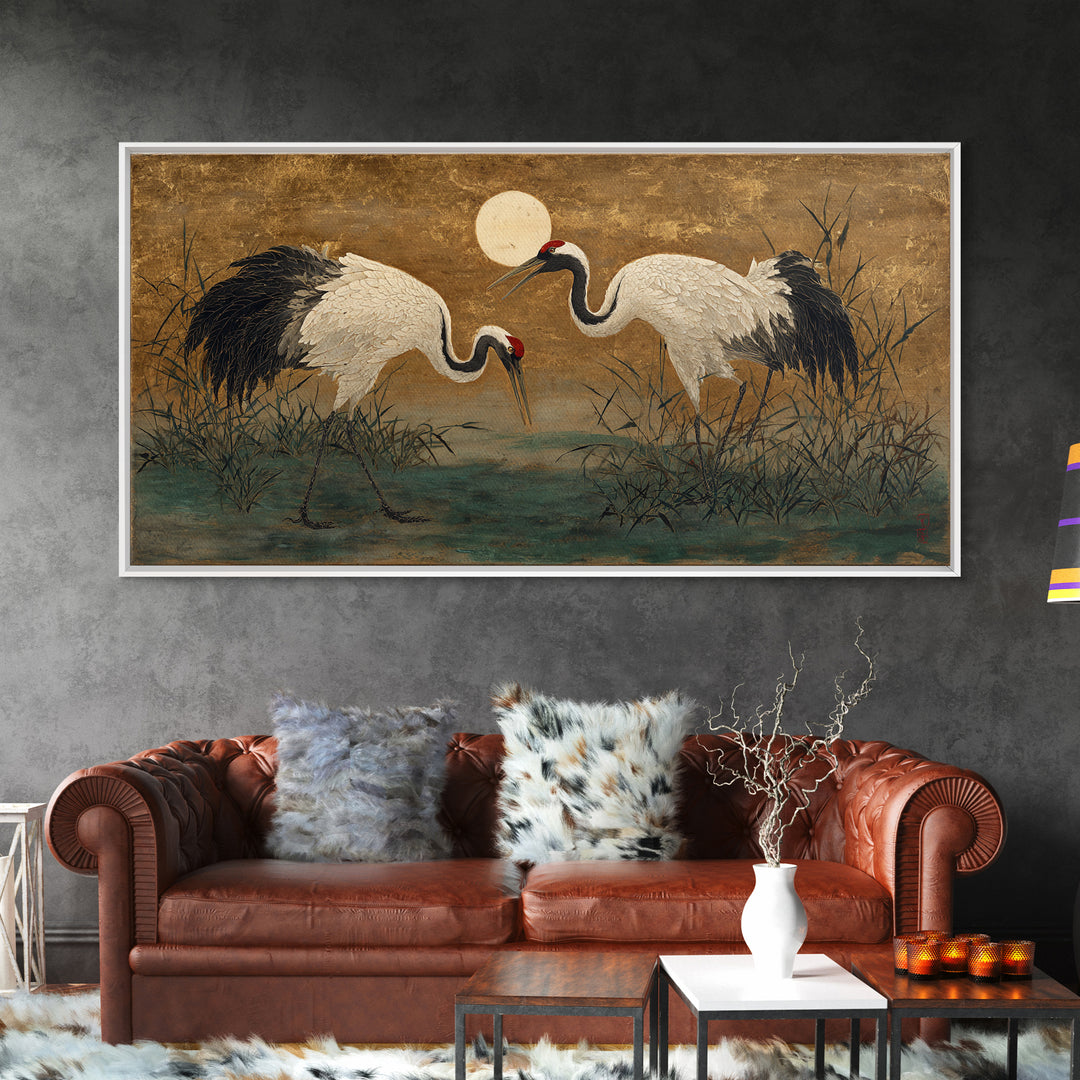 Pair of Cranes Dancing Framed Canvas Print, Bird Art, Art Deco, Living Room Decor, Watercolor Art, Flight, Gallery Wall, BIR-2x1-23