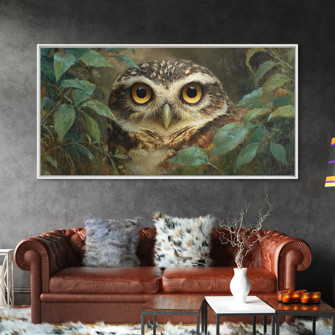 Owl Portrait with Wise Golden Eyes Framed Canvas Print, Bird Art, Home Decor, Living Room Decor, Flight, Modern Wall Art, BIR-2x1-25