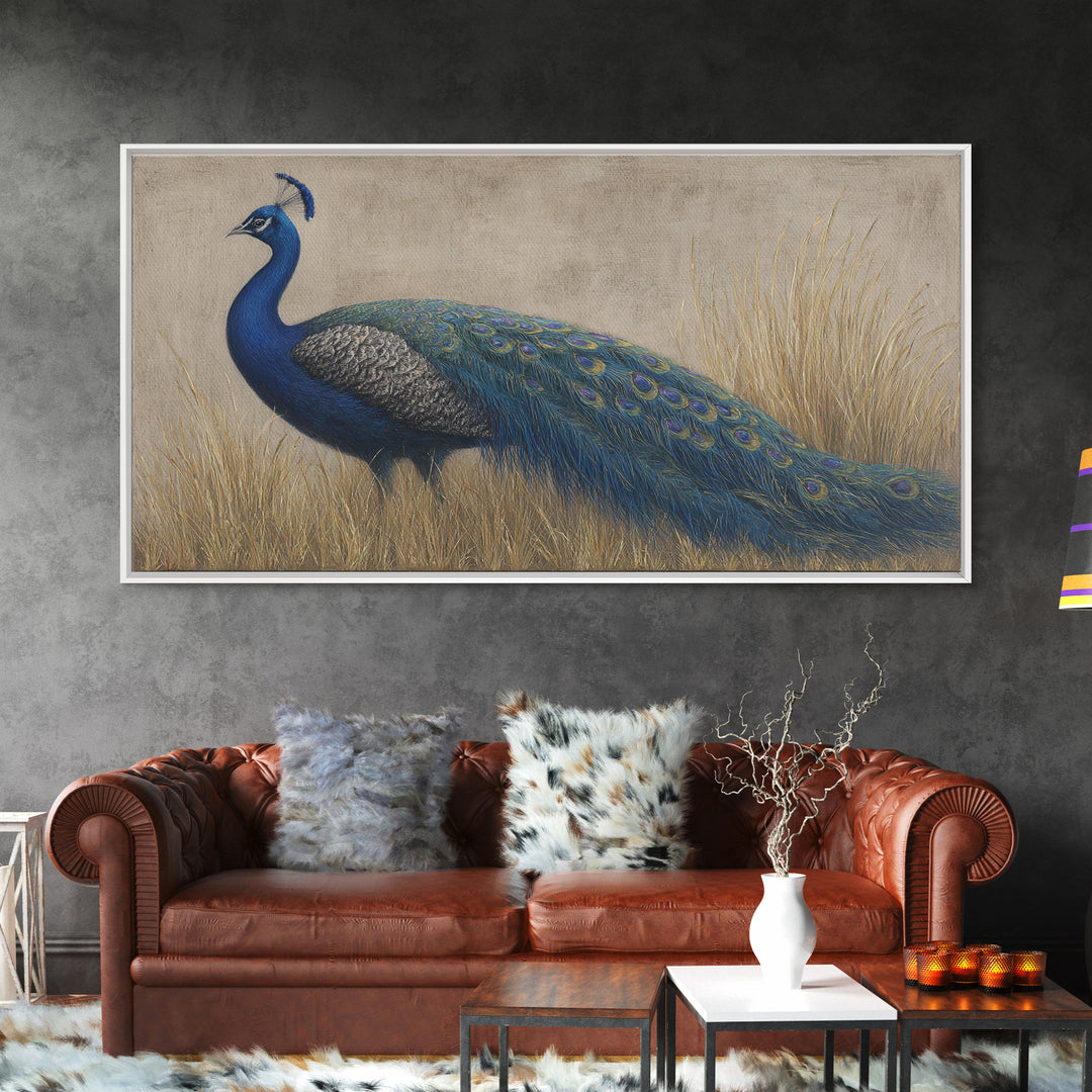 Peacock with Jewel Tone Feather Pattern Framed Canvas Print, Bird Art, Fine Art Print, Living Room Decor, Oil Painting, Flight, BIR-2x1-27