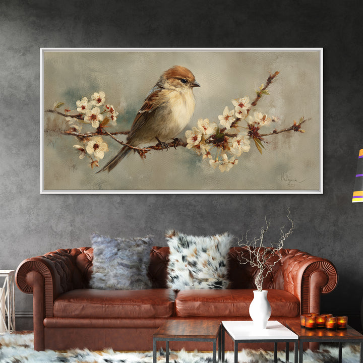 Songbird Perched on Cherry Blossoms Framed Canvas Print, Bird Art, Minimalist Decor, Living Room Decor, Fine Art, Flight, BIR-2x1-28