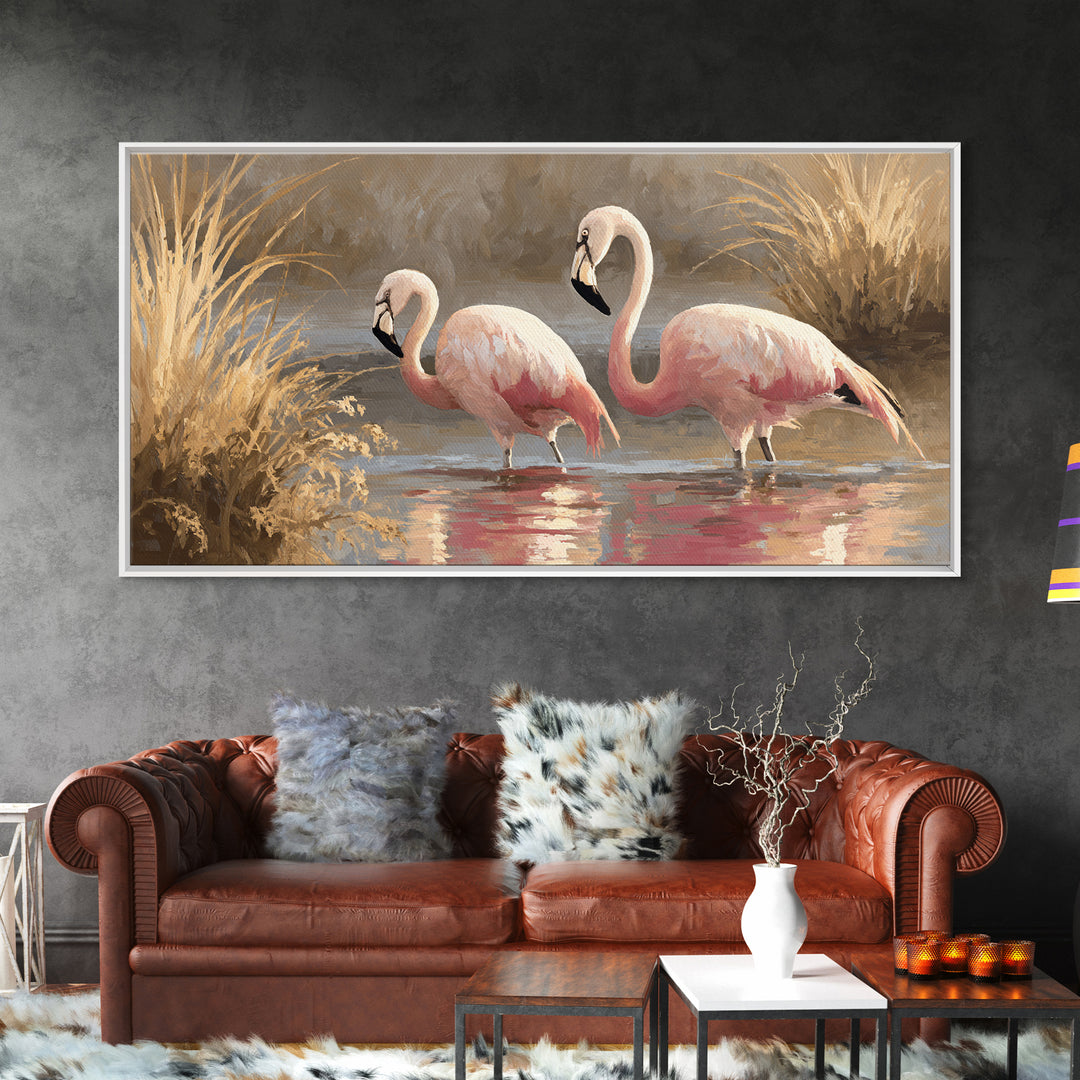 Flamingo Pair in Coral Water Reflections Framed Canvas Print, Bird Art, Luxury Decor, Living Room Decor, Fine Art, Flight, BIR-2x1-30