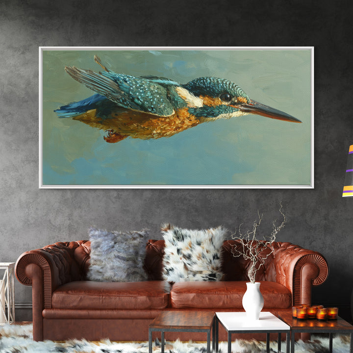 Kingfisher Diving Toward Blue Water Canvas Print, Bird Art, Digital Print, Living Room Decor, Fine Art, Flight, Bird Prints, BIR-2x1-31