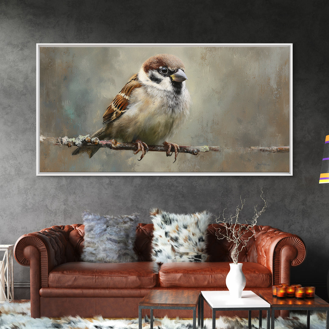 Small Sparrow on Wildflower Stem Framed Canvas Print, Bird Art, Art Print, Living Room Decor, Watercolor Art, Flight, BIR-2x1-34