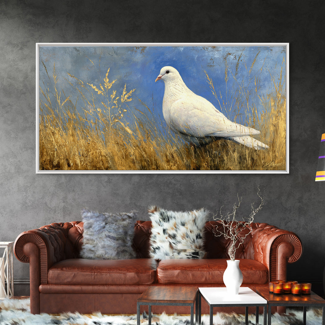 White Dove with Olive Branch and Calm Canvas Print, Bird Art, Wall Art, Living Room Decor, Fine Art, Flight, Japanese Wall Art, BIR-2x1-36