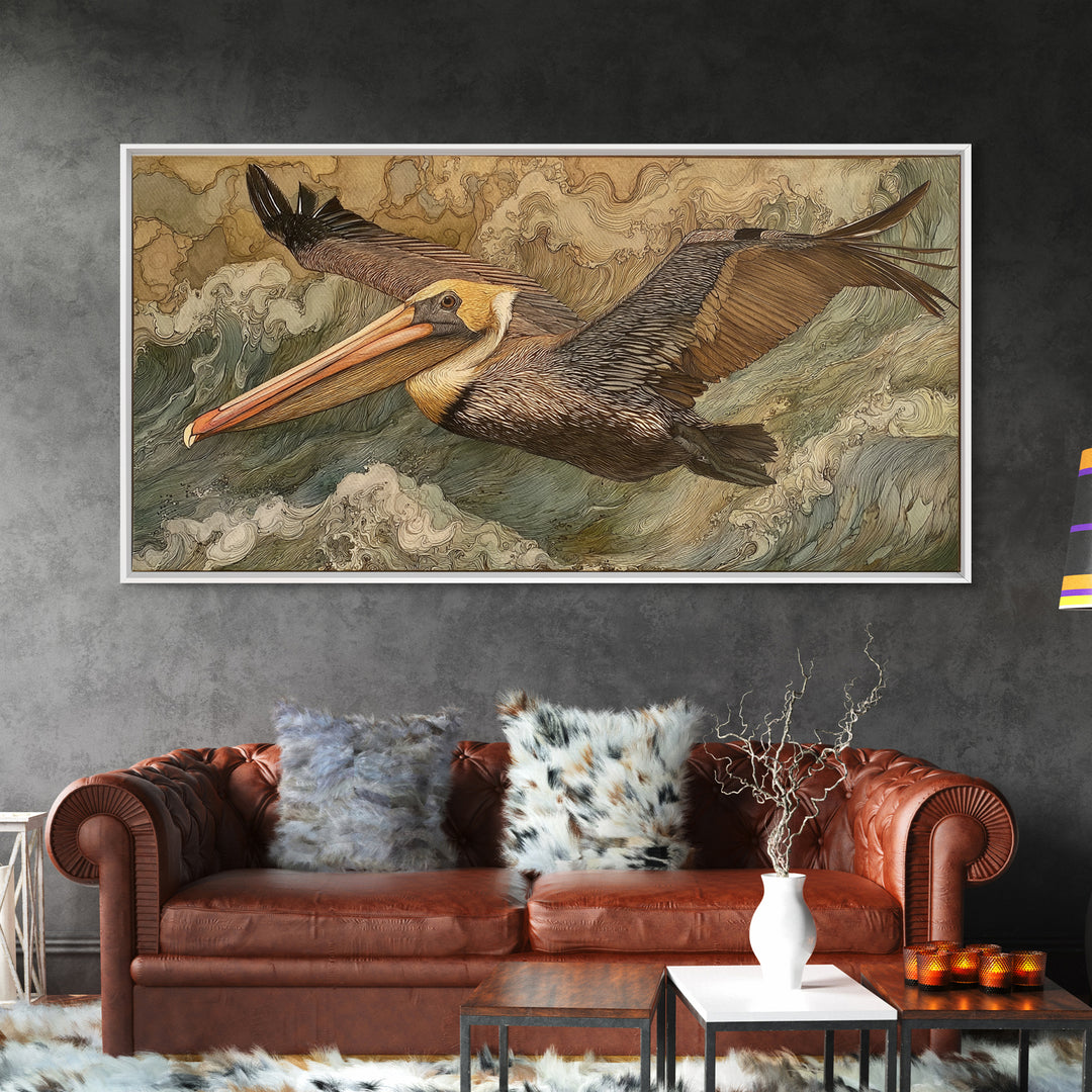 Pelican Flying over Coastal Waves Framed Canvas Print, Bird Art, Fine Art Print, Living Room Decor, Watercolor Art, Flight, BIR-2x1-38