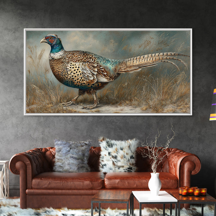 Pheasant with Ornate Feather Details Canvas Print, Bird Art, Printable Wall Art, Living Room Decor, Oil Painting, Flight, BIR-2x1-39
