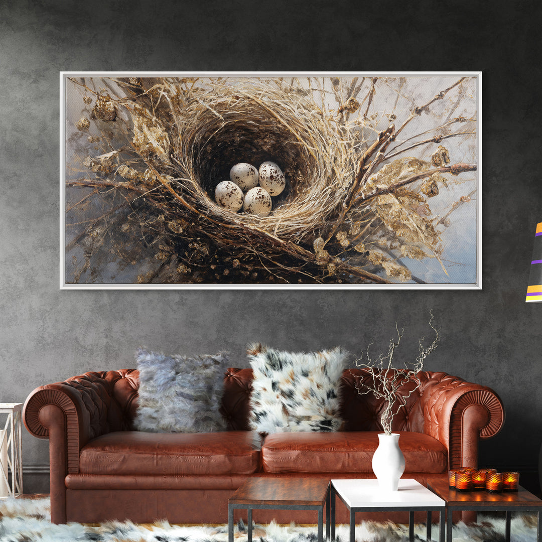 Bird Nest with Eggs and Delicate Twigs Framed Canvas Print, Bird Art, Statement Artwork, Living Room Decor, Fine Art, Flight, BIR-2x1-42
