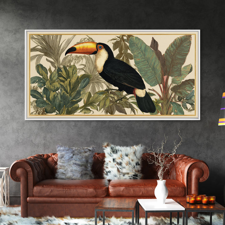 Toucan Framed by Bold Jungle Foliage Framed Canvas Print, Bird Art, Mid Century Modern, Living Room Decor, Fine Art, Flight, BIR-2x1-43