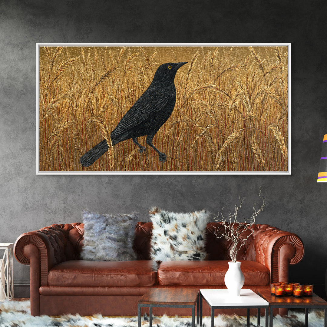 Blackbird on Gold Wheat Field Canvas Print, Bird Art, Textured Painting, Living Room Decor, Abstract Art, Flight, Printable Art, BIR-2x1-44