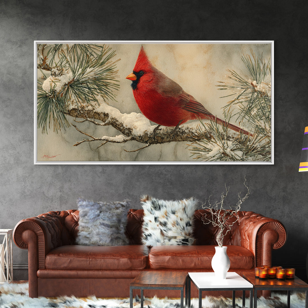 Red Cardinal on Snowy Pine Branch Framed Canvas Print, Bird Art, Art Deco, Living Room Decor, Oil Painting, Flight, BIR-2x1-45