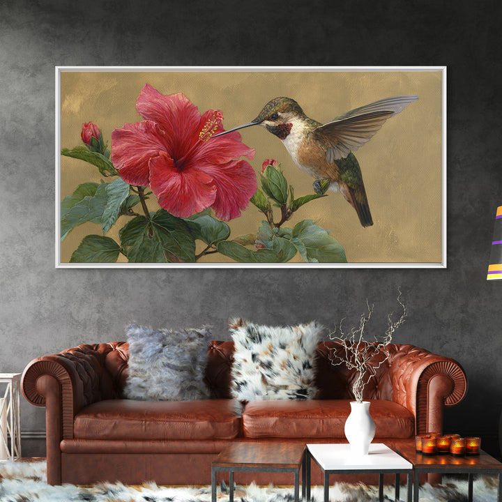 Hummingbird Hovering Beside Bright Hibiscus Canvas Print, Bird Art, Digital Prints, Living Room Decor, Fine Art, Flight, BIR-2x1-48
