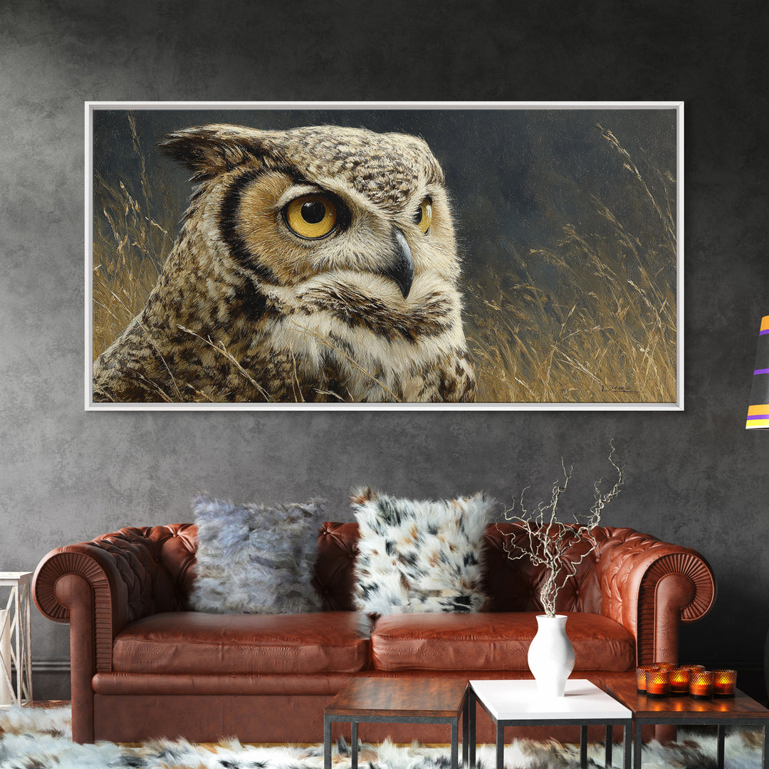 Owl Portrait with Wise Golden Eyes Canvas Print, Bird Art, Original Art, Living Room Decor, Fine Art, Flight, Mcm Decor, BIR-2x1-49