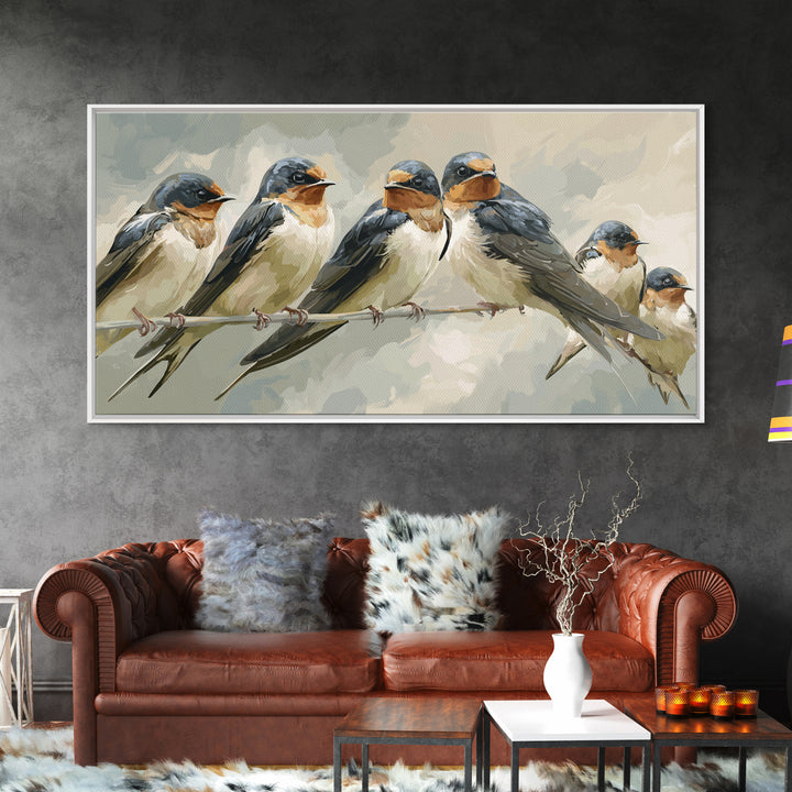 Flock of Swallows Sweeping Across Open Sky Framed Canvas Print, Bird Art, Minimalist Decor, Living Room Decor, Fine Art, Flight, BIR-2x1-50