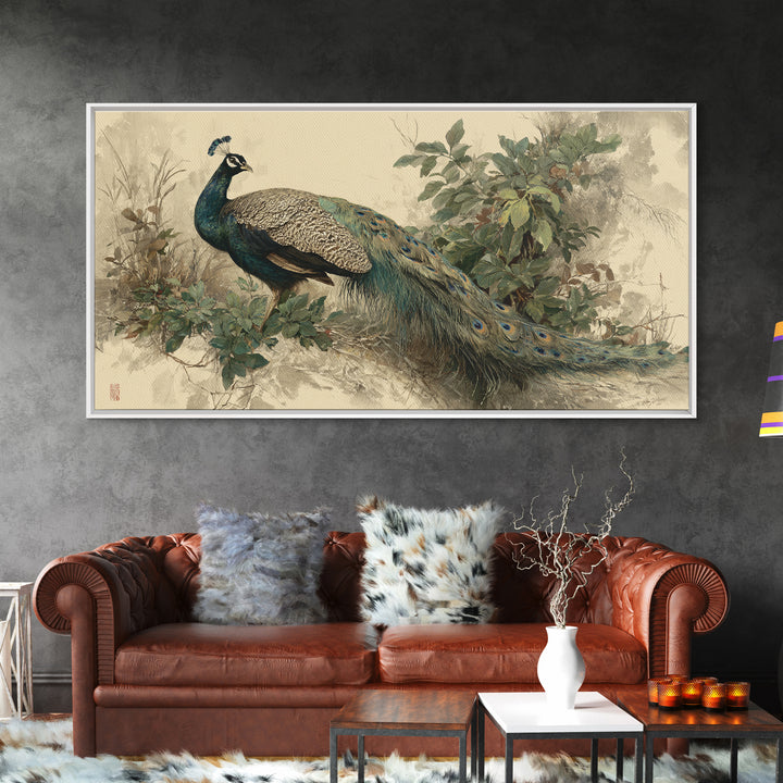 Peacock with Jewel Tone Feather Pattern Framed Canvas Print, Bird Art, Japanese Wall Art, Living Room Decor, Watercolor Art, BIR-2x1-51