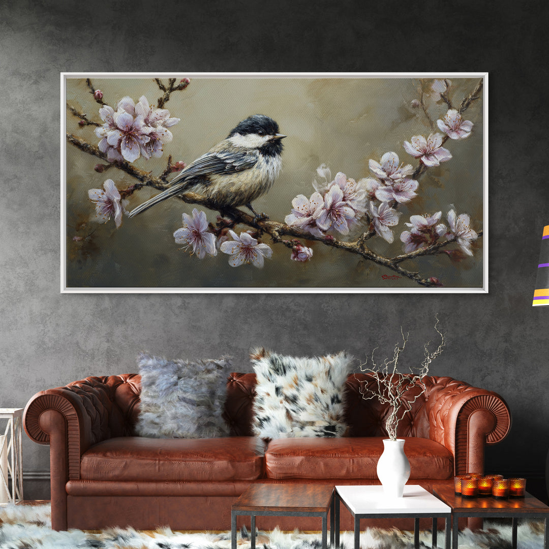 Songbird Perched on Cherry Blossoms Canvas Print, Bird Art, Printable Wall Art, Living Room Decor, Fine Art, Flight, Modern Art, BIR-2x1-52