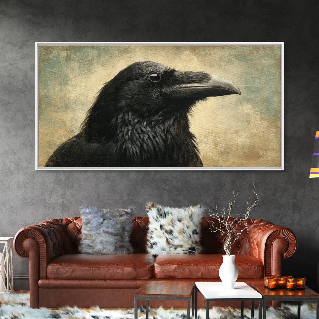 Raven Silhouette with Gothic Atmosphere Canvas Print, Bird Art, Digital Print, Living Room Decor, Oil Painting, Flight, BIR-2x1-53