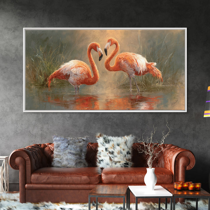 Flamingo Pair in Coral Water Reflections Canvas Print, Bird Art, Contemporary Art, Living Room Decor, Fine Art, Flight, BIR-2x1-54