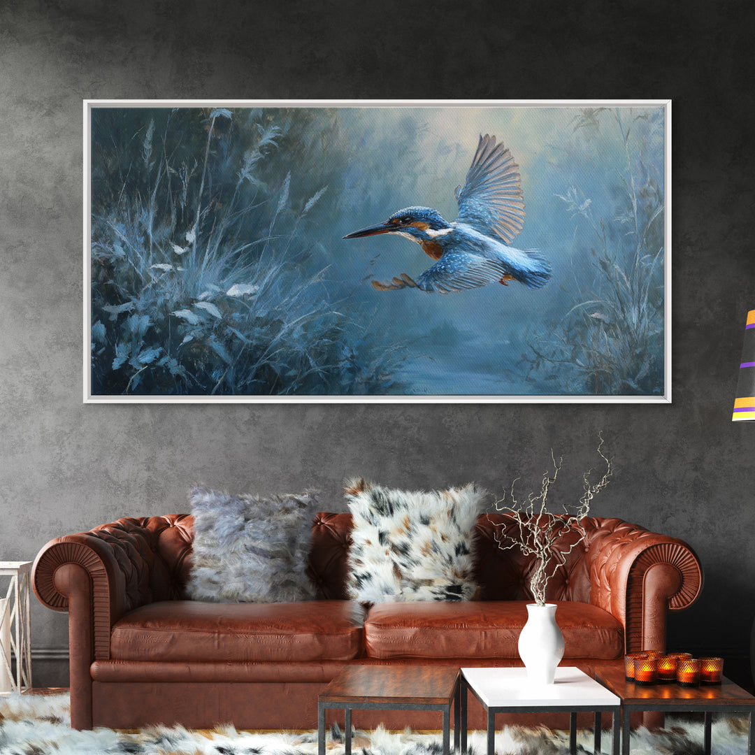 Kingfisher Diving Toward Blue Water Framed Canvas Print, Bird Art, Modern Wall Art, Living Room Decor, Fine Art, Flight, BIR-2x1-55