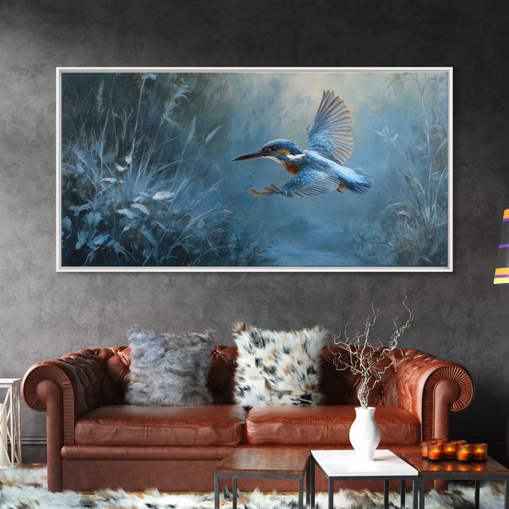 Kingfisher Diving Toward Blue Water Framed Canvas Print, Bird Art, Modern Wall Art, Living Room Decor, Fine Art, Flight, BIR-2x1-55