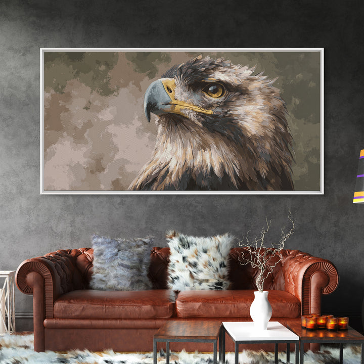 Eagle Portrait with Dramatic Mountain Wind Framed Canvas Print, Bird Art, Mid Century Modern, Living Room Decor, Flight, BIR-2x1-56