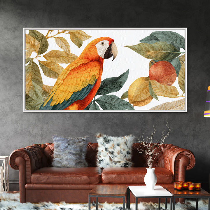 Parrot Among Tropical Leaves and Fruit Canvas Print, Bird Art, Digital Prints, Living Room Decor, Fine Art, Flight, Modern Art, BIR-2x1-57