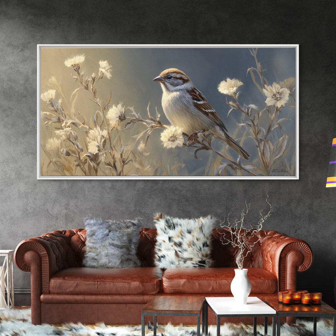 Small Sparrow on Wildflower Stem Canvas Print, Bird Art, Wall Art, Living Room Decor, Watercolor Art, Flight, Japanese Wall Art, BIR-2x1-58