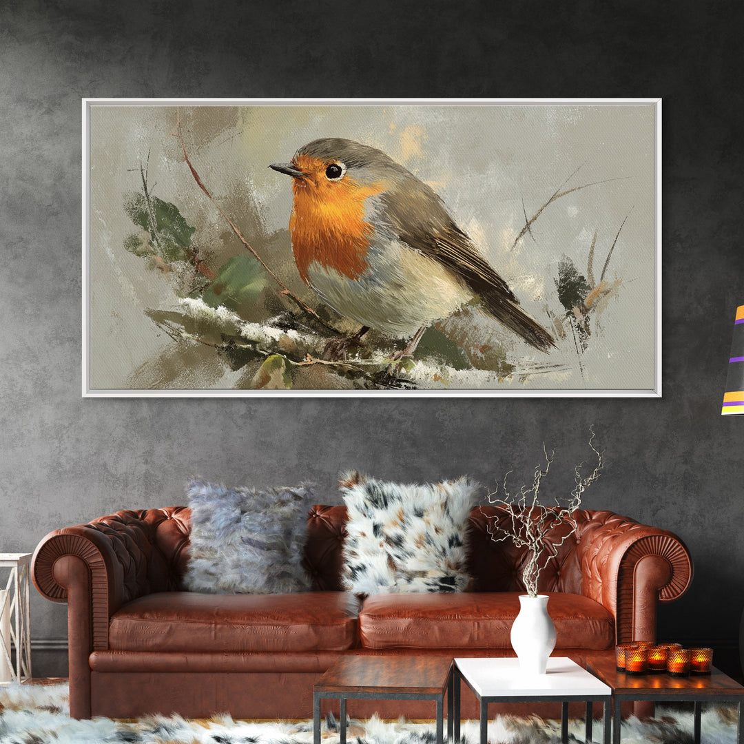 Robin in a Spring Garden with Soft Framed Canvas Print, Bird Art, Bird Prints, Living Room Decor, Watercolor Art, Flight, BIR-2x1-59
