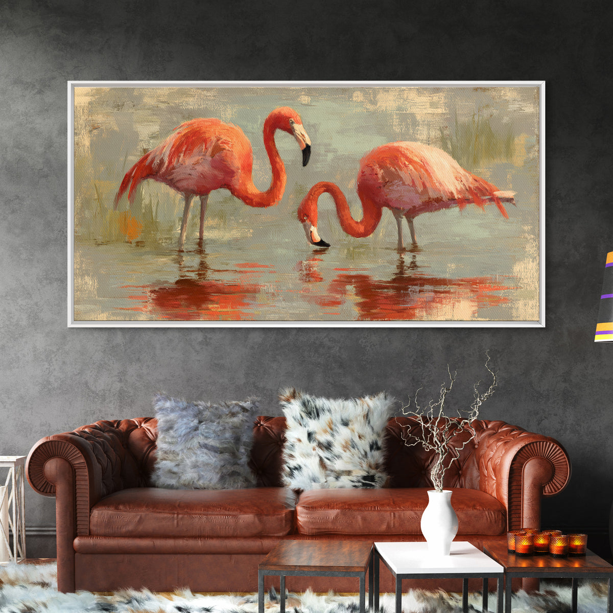 Flamingo Pair in Coral Water Reflections Framed Canvas Print, Bird Art, Luxury Decor, Living Room Decor, Fine Art, Flight, BIR-2x1-6