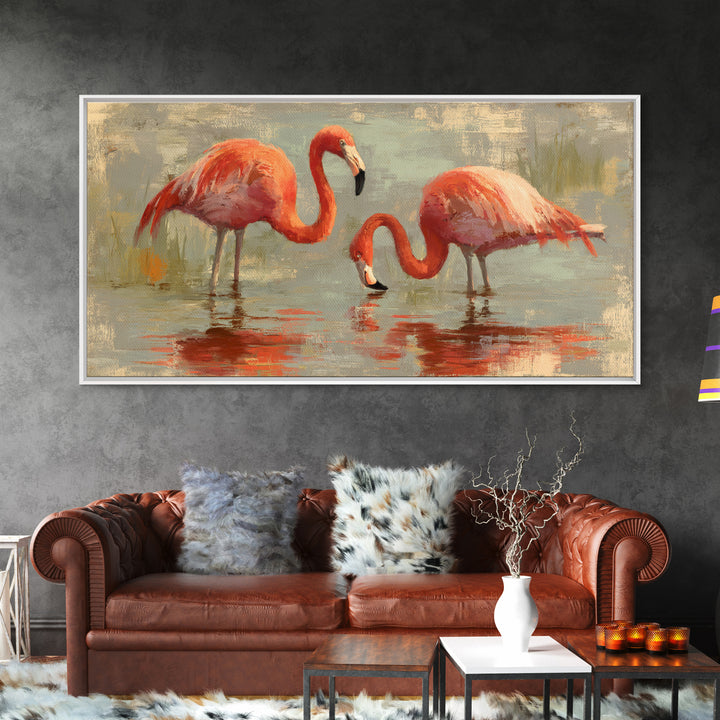 Flamingo Pair in Coral Water Reflections Framed Canvas Print, Bird Art, Luxury Decor, Living Room Decor, Fine Art, Flight, BIR-2x1-6