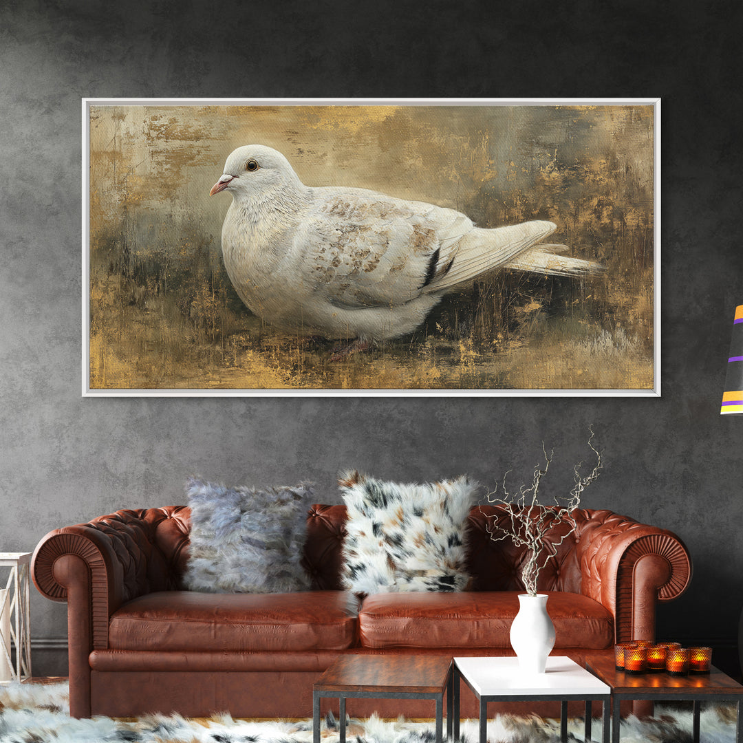 White Dove with Olive Branch and Calm Framed Canvas Print, Bird Art, Art Deco, Living Room Decor, Flight, Gallery Wall, BIR-2x1-60