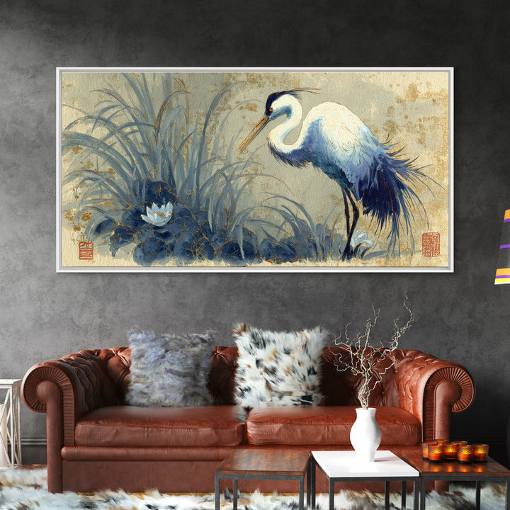 Crane and Lotus Composition Canvas Print, Bird Art, Printable Wall Art, Living Room Decor, Fine Art, Flight, Modern Art, BIR-2x1-61