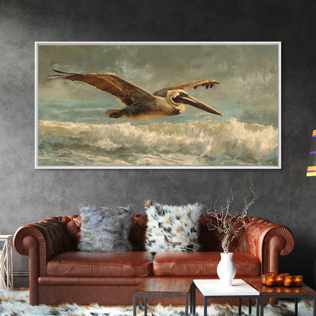 Pelican Flying over Coastal Waves Canvas Print, Bird Art, Room Decor, Living Room Decor, Oil Painting, Flight, Digital Print, BIR-2x1-62