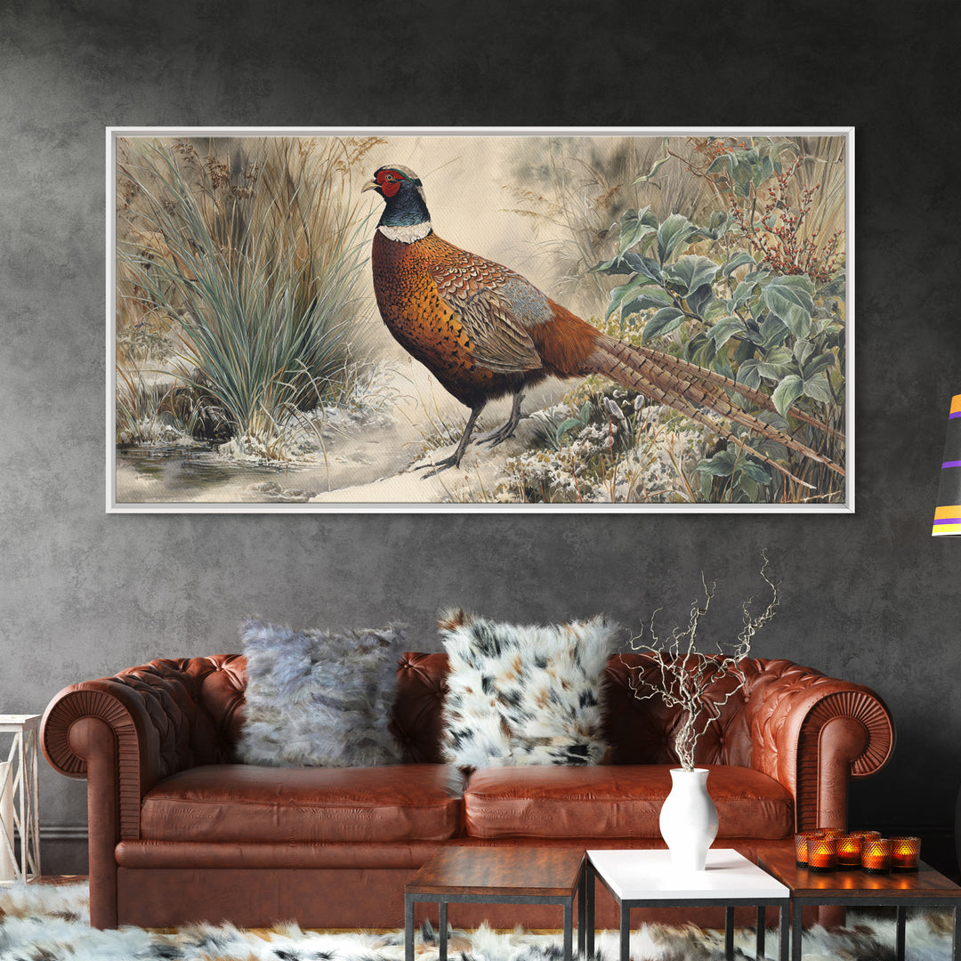 Pheasant with Ornate Feather Details Canvas Print, Bird Art, Living Room Decor, Fine Art, Flight, Rustic Home Decor, Floral Art, BIR-2x1-63
