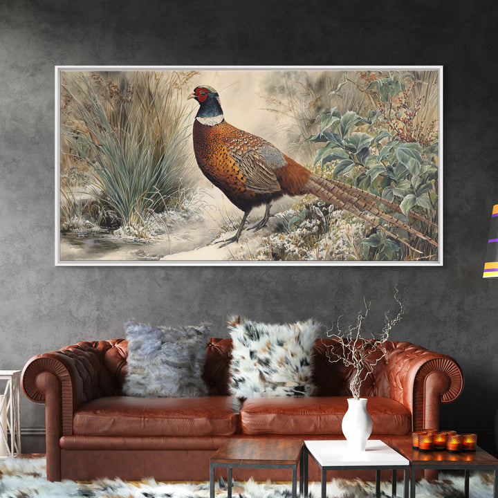 Pheasant with Ornate Feather Details Canvas Print, Bird Art, Living Room Decor, Fine Art, Flight, Rustic Home Decor, Floral Art, BIR-2x1-63