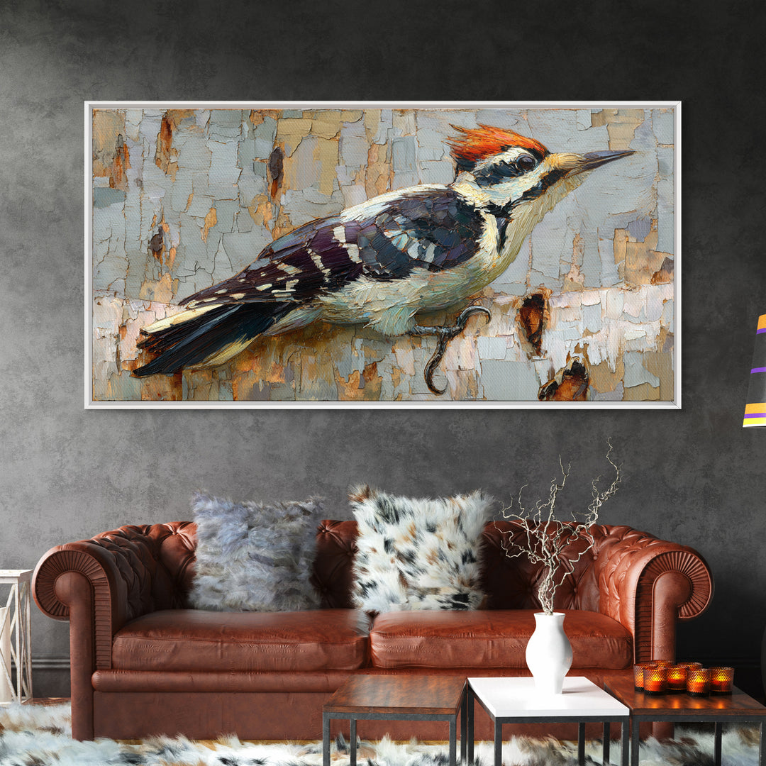 Woodpecker on Birch Bark Texture Framed Canvas Print, Bird Art, Mid Century Modern, Living Room Decor, Abstract Art, Flight, BIR-2x1-65