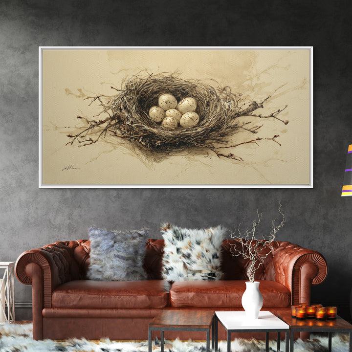 Bird Nest with Eggs and Delicate Twigs Canvas Print, Bird Art, Textured Painting, Living Room Decor, Watercolor Art, Flight, BIR-2x1-66