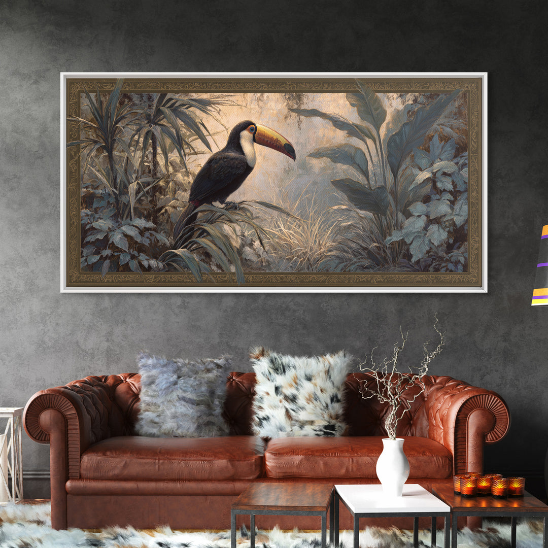 Toucan Framed by Bold Jungle Foliage Framed Canvas Print, Bird Art, Rustic Home Decor, Living Room Decor, Fine Art, Flight, BIR-2x1-67