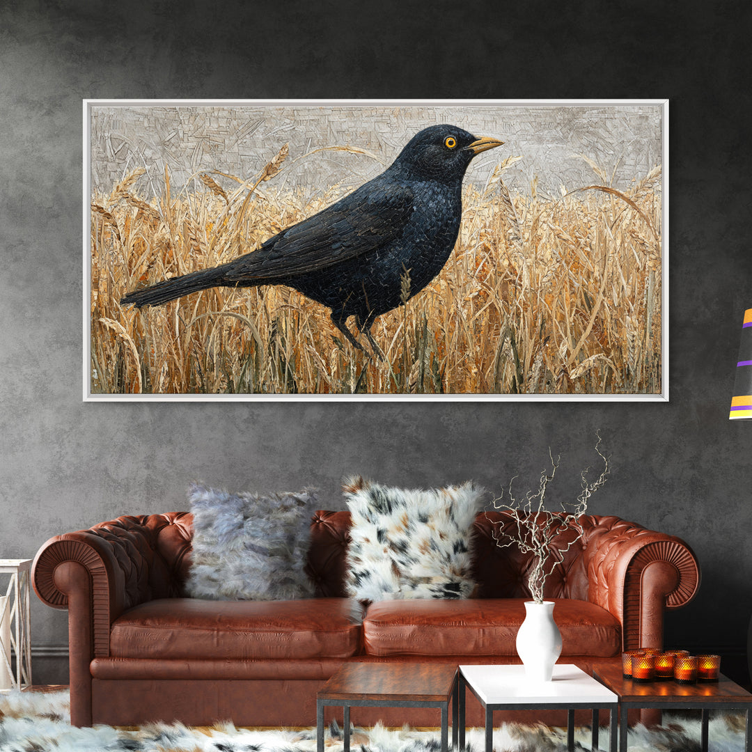 Blackbird on Gold Wheat Field Canvas Print, Bird Art, Digital Print, Living Room Decor, Watercolor Art, Flight, Bird Prints, BIR-2x1-68