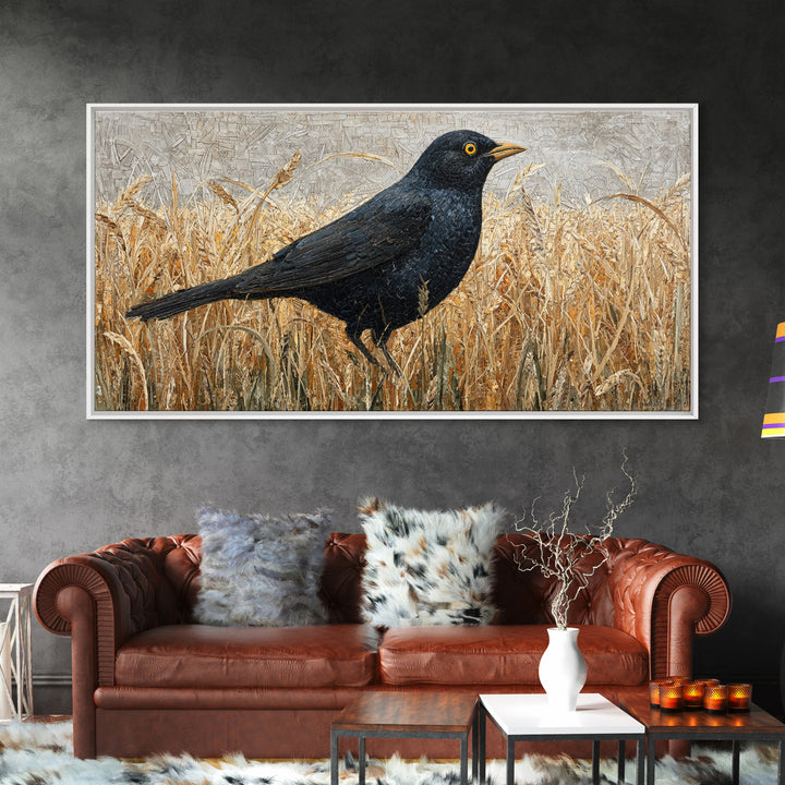 Blackbird on Gold Wheat Field Canvas Print, Bird Art, Digital Print, Living Room Decor, Watercolor Art, Flight, Bird Prints, BIR-2x1-68